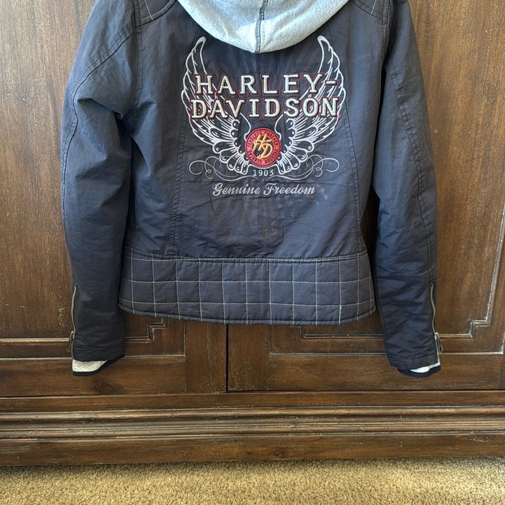 Women’s small Harley Davidson Black Biker Jacket with Gray Hoodie